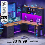 SEDETA 67 Inch Farmhouse L Shaped Computer Executive Desks Home Office with Sliding Doors Storage Shelves Hutch Drawers Power Outlets LED Lights