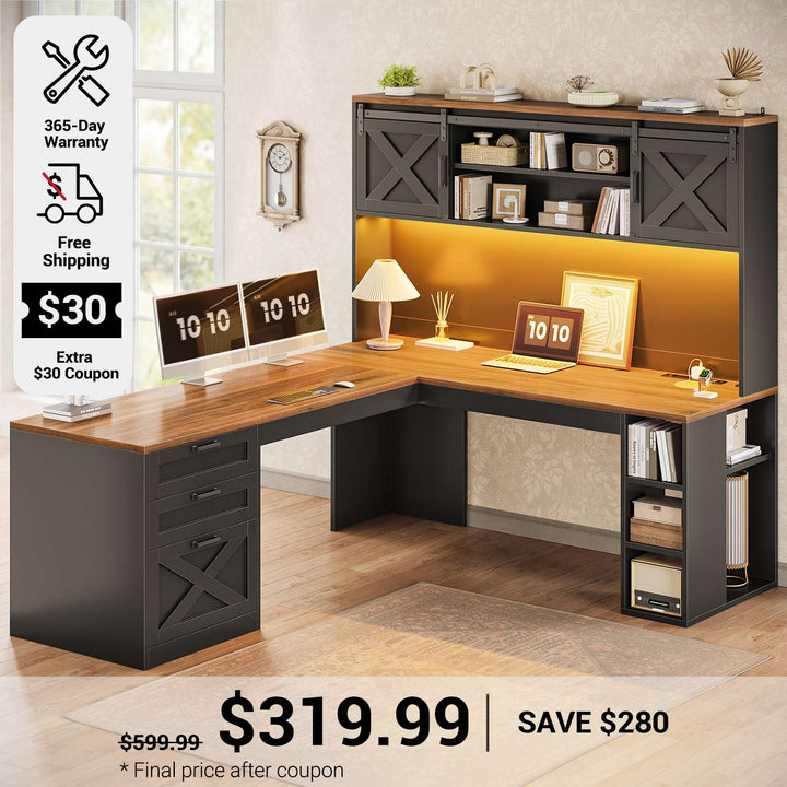SEDETA 67 Inch Farmhouse L Shaped Computer Executive Desks Home Office with Sliding Doors Storage Shelves Hutch Drawers Power Outlets LED Lights