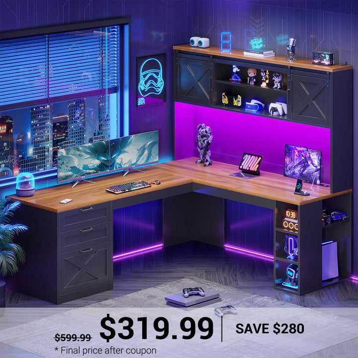 SEDETA 67 Inch Farmhouse L Shaped Computer Executive Desks Home Office with Sliding Doors Storage Shelves Hutch Drawers Power Outlets LED Lights