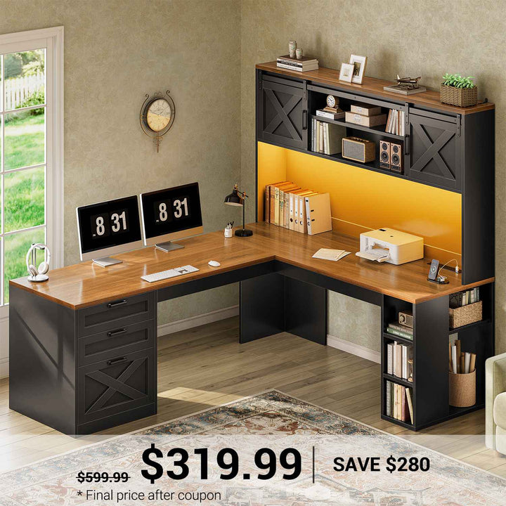 SEDETA 67 Inch Farmhouse L Shaped Computer Executive Desks Home Office with Sliding Doors Storage Shelves Hutch Drawers Power Outlets LED Lights