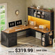 SEDETA 67 Inch Farmhouse L Shaped Computer Executive Desks Home Office with Sliding Doors Storage Shelves Hutch Drawers Power Outlets LED Lights