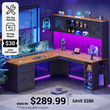 SEDETA® 67 Inch Farmhouse Executive Desk L Shaped Computer Desk Home Office Desks with Drawers Sliding Doors Storage Shelves Hutch LED Lights