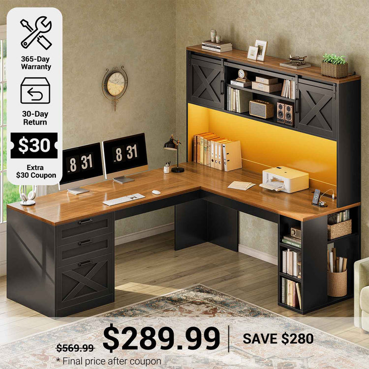 SEDETA® 67 Inch Farmhouse Executive Desk L Shaped Computer Desk Home Office Desks with Drawers Sliding Doors Storage Shelves Hutch LED Lights