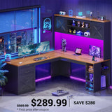 SEDETA | 67 Inch Farmhouse Computer Desk L Shaped Home Office Executive Desks with LED Lights Drawers Sliding Doors Hutch Storage Shelves