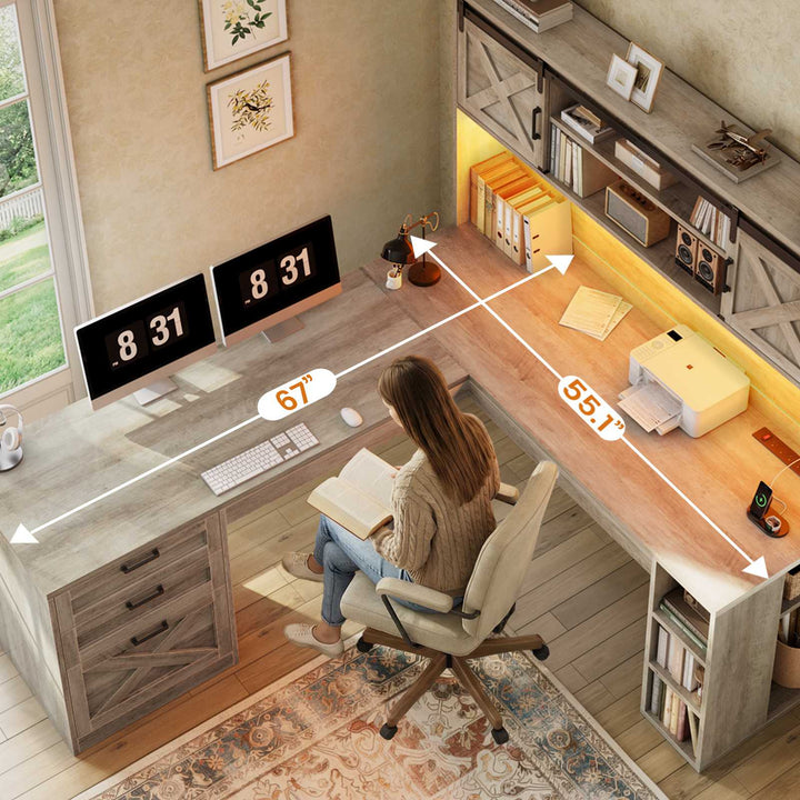 SEDETA® 67 Inch Farmhouse Executive Desk L Shaped Computer Desk Home Office Desks with Drawers Sliding Doors Storage Shelves Hutch LED Lights