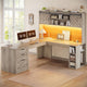 SEDETA® 67 Inch Farmhouse Executive Desk L Shaped Computer Desk Home Office Desks with Drawers Sliding Doors Storage Shelves Hutch LED Lights