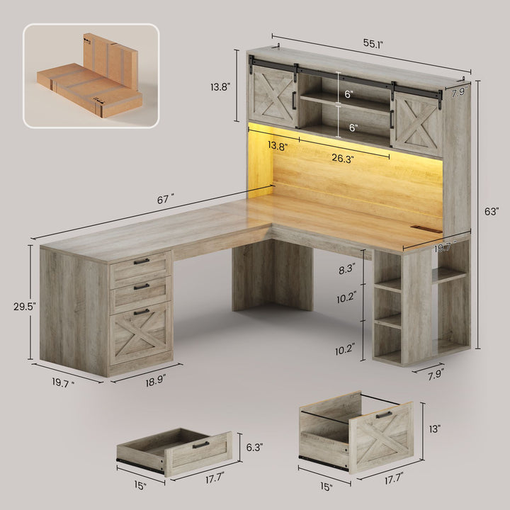 SEDETA® 67 Inch Farmhouse Executive Desk L Shaped Computer Desk Home Office Desks with Drawers Sliding Doors Storage Shelves Hutch LED Lights