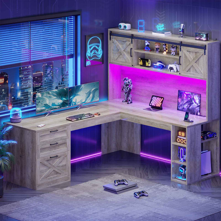 SEDETA® 67 Inch Farmhouse Executive Desk L Shaped Computer Desk Home Office Desks with Drawers Sliding Doors Storage Shelves Hutch LED Lights