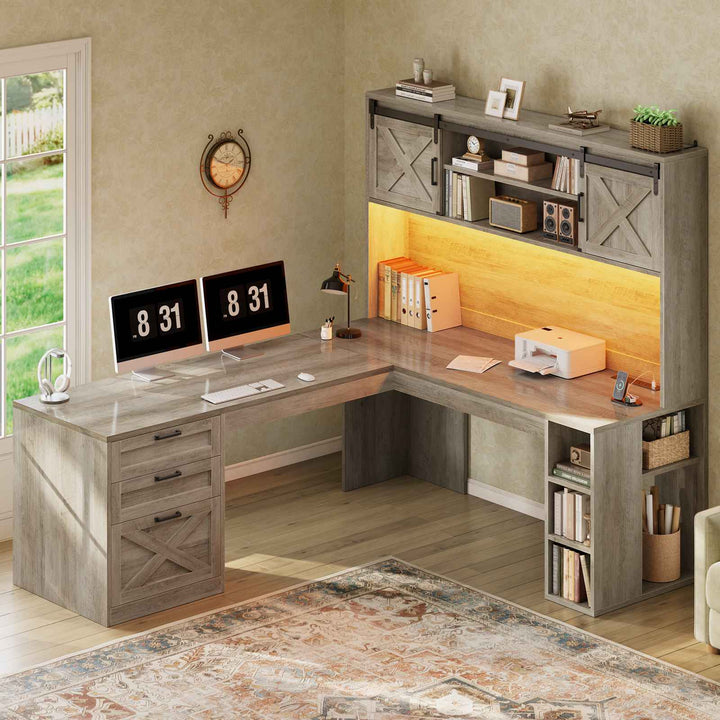 SEDETA® 67 Inch Farmhouse Executive Desk L Shaped Computer Desk Home Office Desks with Drawers Sliding Doors Storage Shelves Hutch LED Lights