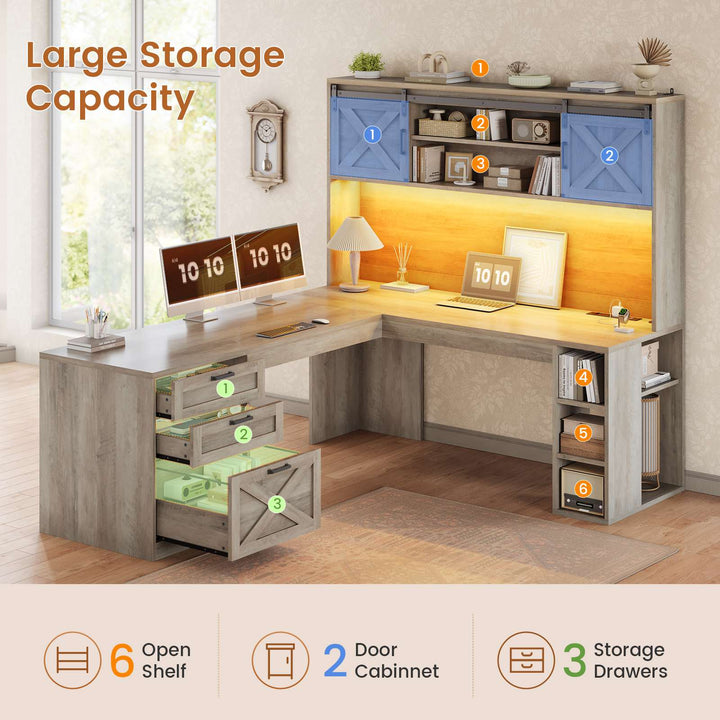 SEDETA® 67 Inch Farmhouse Executive Desk L Shaped Computer Desk Home Office Desks with Drawers Sliding Doors Storage Shelves Hutch LED Lights