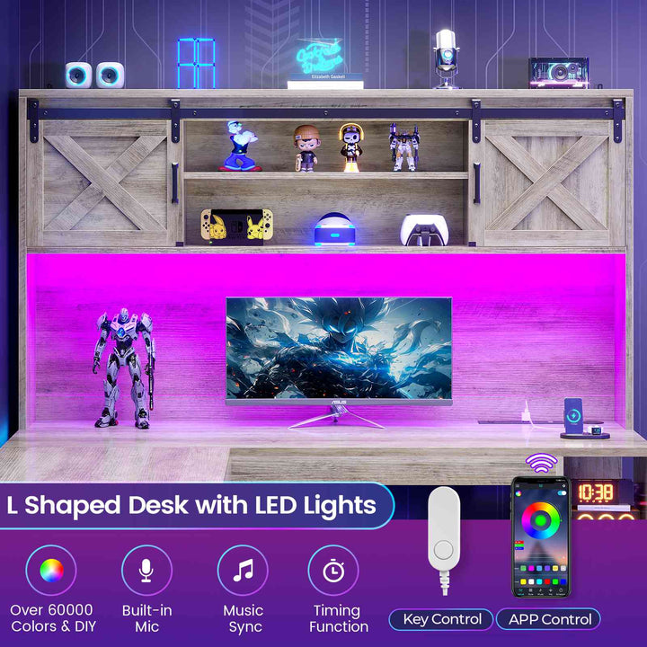 SEDETA® 67 Inch Farmhouse Executive Desk L Shaped Computer Desk Home Office Desks with Drawers Sliding Doors Storage Shelves Hutch LED Lights