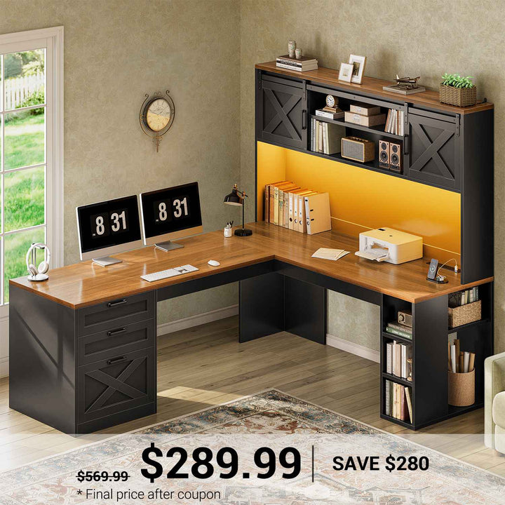 SEDETA® 67 Inch Farmhouse Executive Desk L Shaped Computer Desk Home Office Desks with Drawers Sliding Doors Storage Shelves Hutch LED Lights
