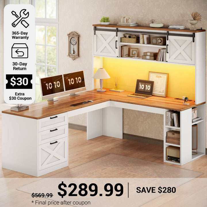 SEDETA® 67 Inch Farmhouse Executive Desk L Shaped Computer Desk Home Office Desks with Drawers Sliding Doors Storage Shelves Hutch LED Lights