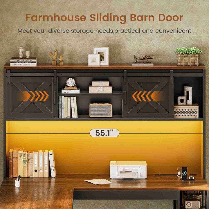SEDETA® 67 Inch Farmhouse Executive Desk L Shaped Computer Desk Home Office Desks with Drawers Sliding Doors Storage Shelves Hutch LED Lights