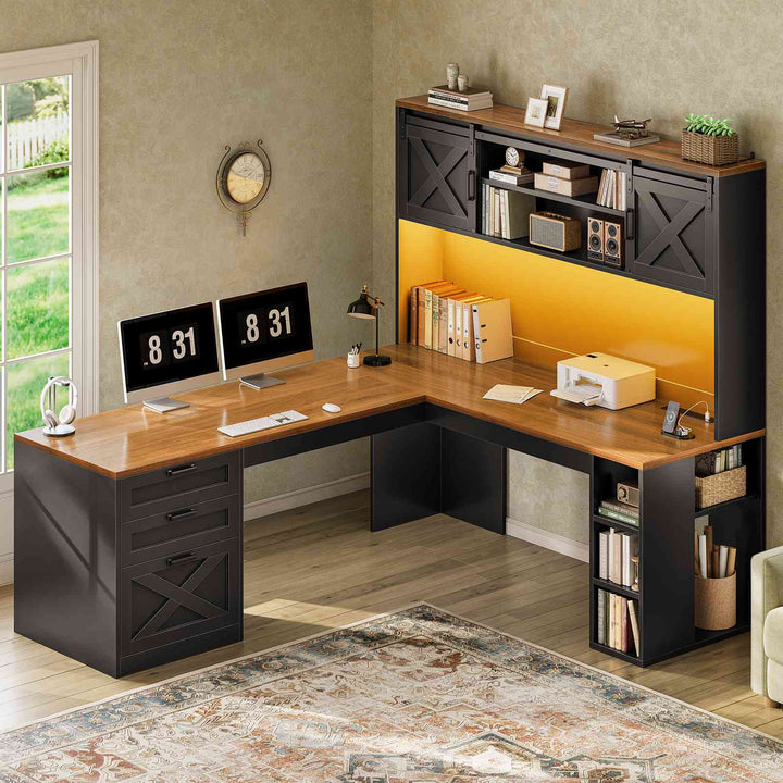 SEDETA® 67 Inch Farmhouse Executive Desk L Shaped Computer Desk Home Office Desks with Drawers Sliding Doors Storage Shelves Hutch LED Lights