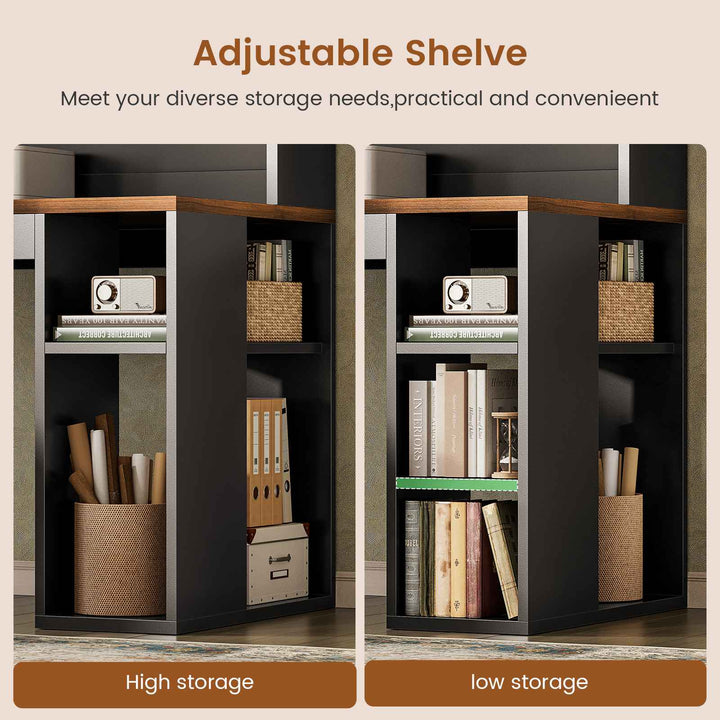 SEDETA® 67 Inch Farmhouse Executive Desk L Shaped Computer Desk Home Office Desks with Drawers Sliding Doors Storage Shelves Hutch LED Lights