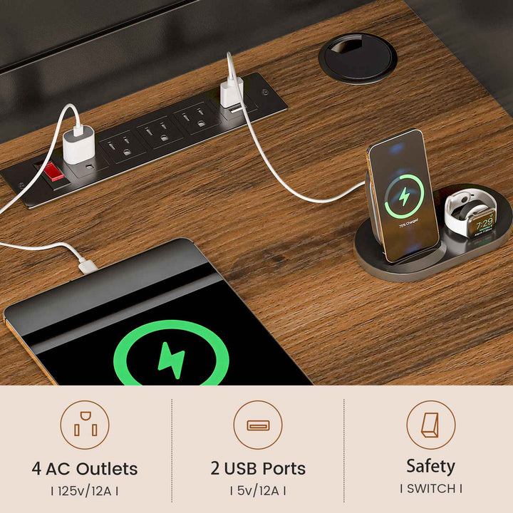 SEDETA® 67 Inch Farmhouse Executive Desk L Shaped Computer Desk Home Office Desks with Drawers Sliding Doors Storage Shelves Hutch LED Lights