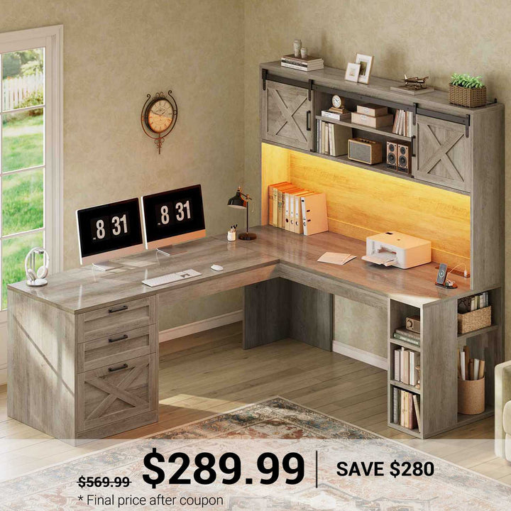 SEDETA® 67 Inch Farmhouse Executive Desk L Shaped Computer Desk Home Office Desks with Drawers Sliding Doors Storage Shelves Hutch LED Lights