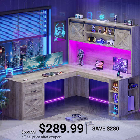 SEDETA | 67 Inch Farmhouse Computer Desk L Shaped Home Office Executive Desks with LED Lights Drawers Sliding Doors Hutch Storage Shelves