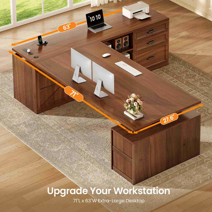 SEDETA® 71 Inch Height Adjustable Electric Standing Desk with 6 Drawers L Shaped Office Desk with Power Outlet Sit Stand Large Computer Desk with Storage Shelves