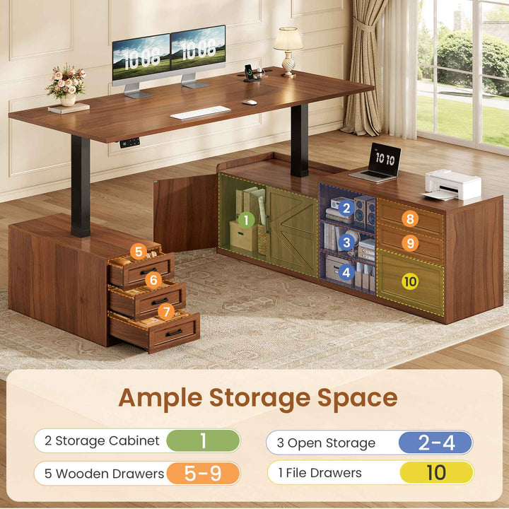 SEDETA® 71 Inch Height Adjustable Electric Standing Desk with 6 Drawers L Shaped Office Desk with Power Outlet Sit Stand Large Computer Desk with Storage Shelves