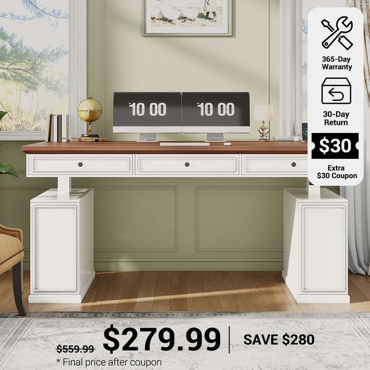 SEDETA® 55.1 Inch Farmhouse Electric Standing Desk Height Adjustable Executive Office Computer Desk with Power Outlets 3 Drawers Storage Cabinet