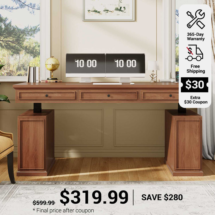 SEDETA 55.1 Inch Farmhouse Electric Standing Desk with 3 Drawers Height Adjustable Executive Office Desk with Storage Cabinet Computer Sit Stand Up Desk with Power Outlets