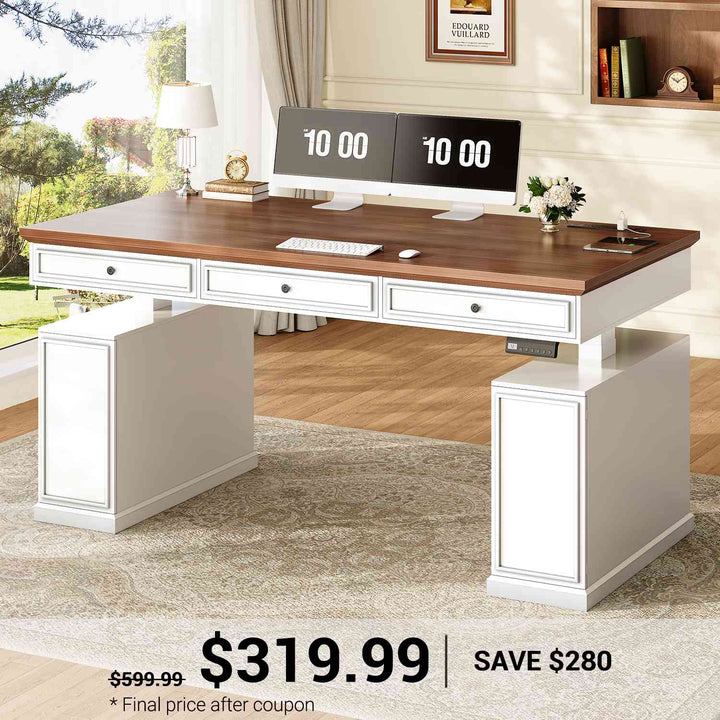 SEDETA 55.1 Inch Farmhouse Electric Standing Desk with 3 Drawers Height Adjustable Executive Office Desk with Storage Cabinet Computer Sit Stand Up Desk with Power Outlets
