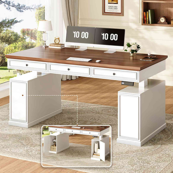 SEDETA 55.1 Inch Farmhouse Electric Standing Desk with 3 Drawers Height Adjustable Executive Office Desk with Storage Cabinet Computer Sit Stand Up Desk with Power Outlets