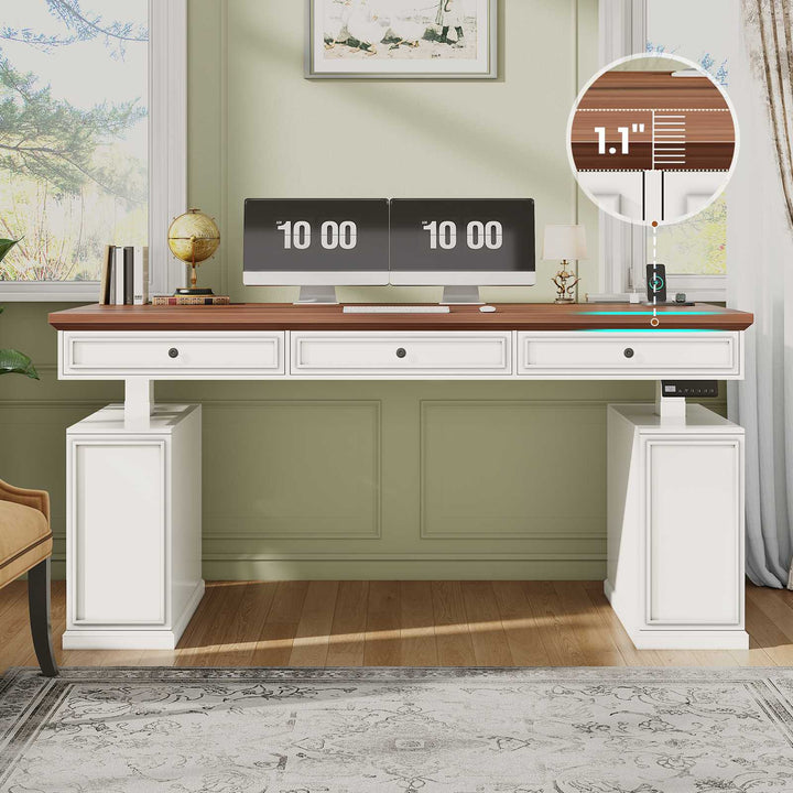 SEDETA 55.1 Inch Farmhouse Electric Standing Desk with 3 Drawers Height Adjustable Executive Office Desk with Storage Cabinet Computer Sit Stand Up Desk with Power Outlets