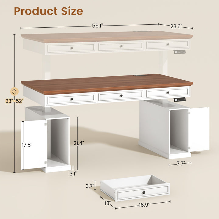 SEDETA 55.1 Inch Farmhouse Electric Standing Desk with 3 Drawers Height Adjustable Executive Office Desk with Storage Cabinet Computer Sit Stand Up Desk with Power Outlets