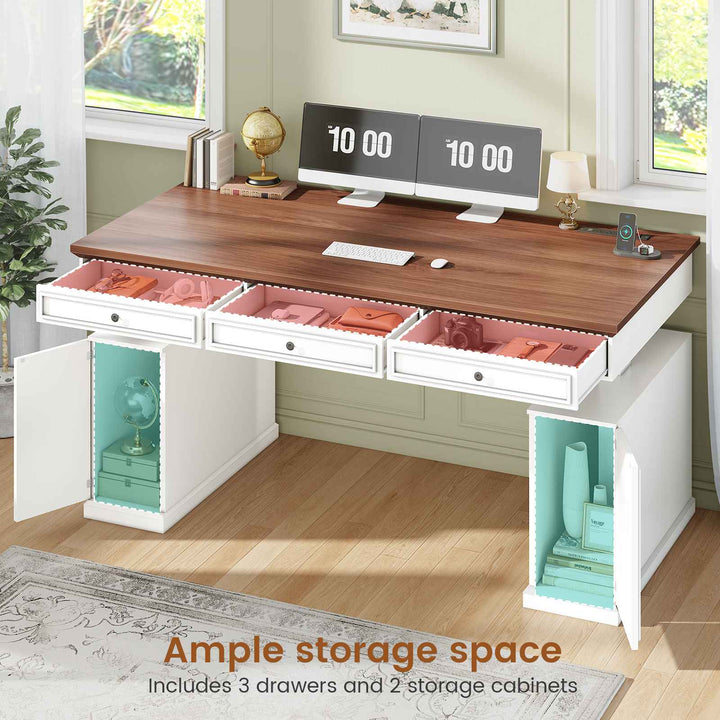 SEDETA 55.1 Inch Farmhouse Electric Standing Desk with 3 Drawers Height Adjustable Executive Office Desk with Storage Cabinet Computer Sit Stand Up Desk with Power Outlets