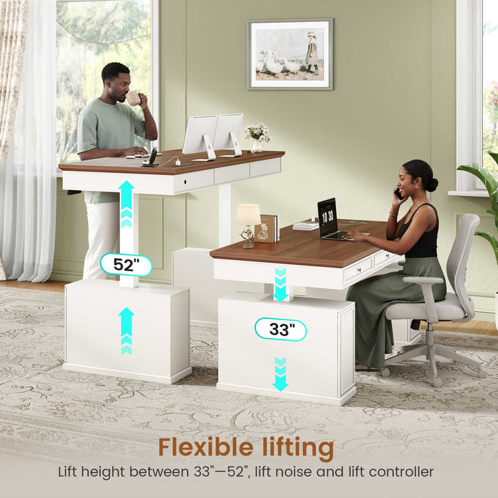 SEDETA 55.1 Inch Farmhouse Electric Standing Desk with 3 Drawers Height Adjustable Executive Office Desk with Storage Cabinet Computer Sit Stand Up Desk with Power Outlets