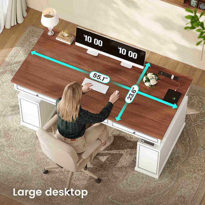 SEDETA 55.1 Inch Farmhouse Electric Standing Desk with 3 Drawers Height Adjustable Executive Office Desk with Storage Cabinet Computer Sit Stand Up Desk with Power Outlets