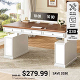 SEDETA® 55.1 Inch Farmhouse Electric Standing Desk Height Adjustable Executive Office Computer Desk with Power Outlets 3 Drawers Storage Cabinet