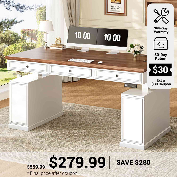 SEDETA® 55.1 Inch Farmhouse Electric Standing Desk Height Adjustable Executive Office Computer Desk with Power Outlets 3 Drawers Storage Cabinet