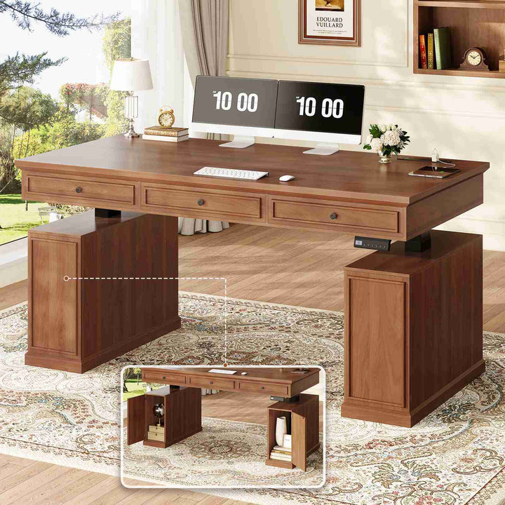 SEDETA 55.1 Inch Farmhouse Electric Standing Desk with 3 Drawers Height Adjustable Executive Office Desk with Storage Cabinet Computer Sit Stand Up Desk with Power Outlets
