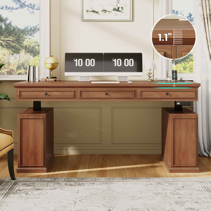 SEDETA 55.1 Inch Farmhouse Electric Standing Desk with 3 Drawers Height Adjustable Executive Office Desk with Storage Cabinet Computer Sit Stand Up Desk with Power Outlets