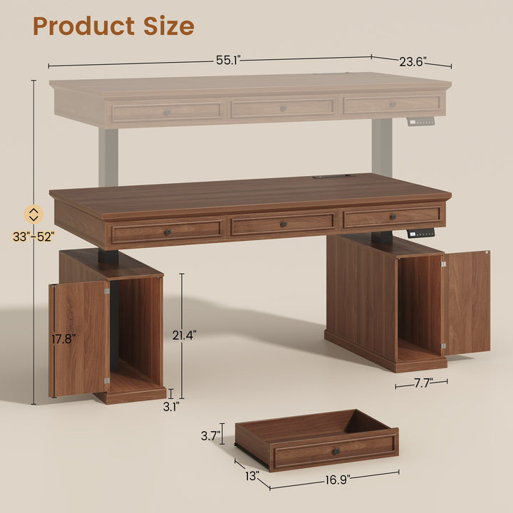 SEDETA 55.1 Inch Farmhouse Electric Standing Desk with 3 Drawers Height Adjustable Executive Office Desk with Storage Cabinet Computer Sit Stand Up Desk with Power Outlets