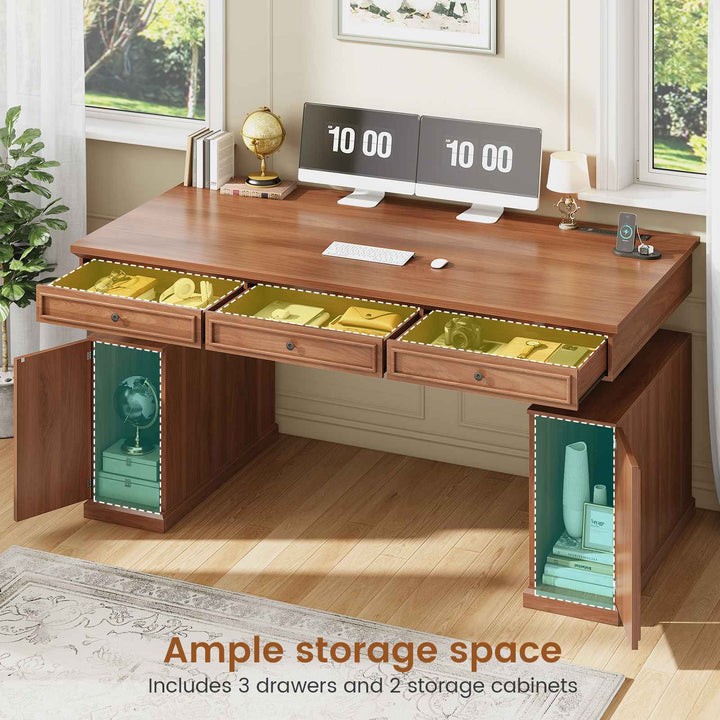 SEDETA 55.1 Inch Farmhouse Electric Standing Desk with 3 Drawers Height Adjustable Executive Office Desk with Storage Cabinet Computer Sit Stand Up Desk with Power Outlets