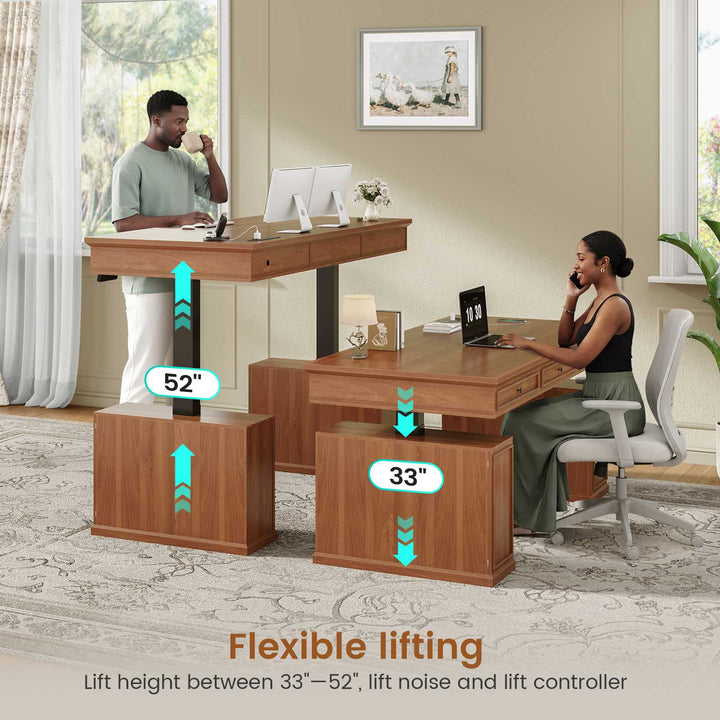 SEDETA 55.1 Inch Farmhouse Electric Standing Desk with 3 Drawers Height Adjustable Executive Office Desk with Storage Cabinet Computer Sit Stand Up Desk with Power Outlets