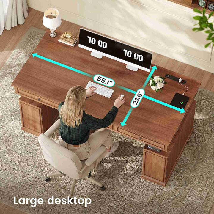 SEDETA 55.1 Inch Farmhouse Electric Standing Desk with 3 Drawers Height Adjustable Executive Office Desk with Storage Cabinet Computer Sit Stand Up Desk with Power Outlets