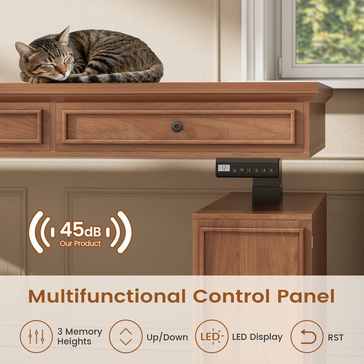 SEDETA 55.1 Inch Farmhouse Electric Standing Desk with 3 Drawers Height Adjustable Executive Office Desk with Storage Cabinet Computer Sit Stand Up Desk with Power Outlets