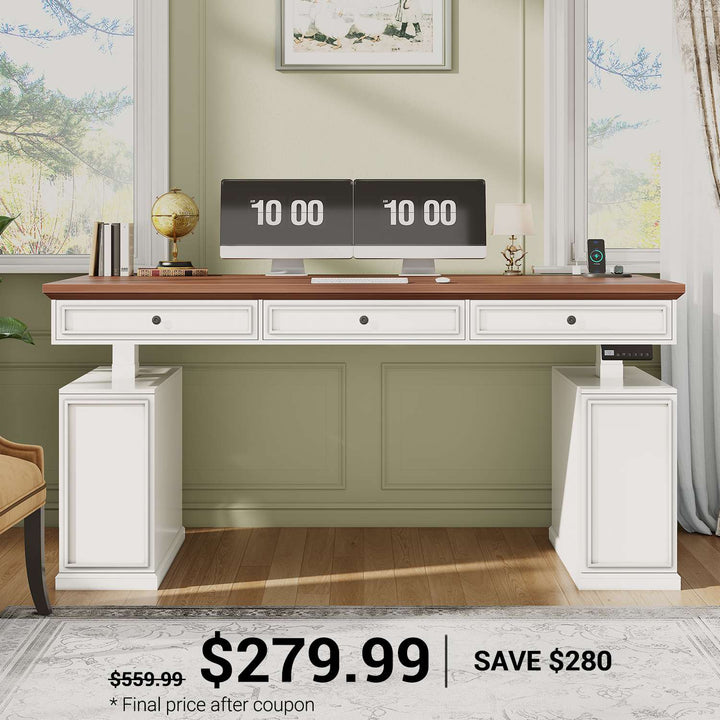 SEDETA | 55.1 Inch Farmhouse Computer Sit Stand Up Desk Electric Standing Desk Height Adjustable Executive Office Desk with 3 Drawers Storage Cabinet Power Outlets