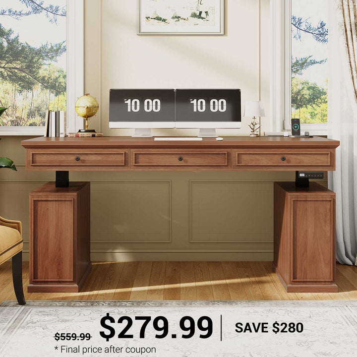 SEDETA | 55.1 Inch Farmhouse Computer Sit Stand Up Desk Electric Standing Desk Height Adjustable Executive Office Desk with 3 Drawers Storage Cabinet Power Outlets