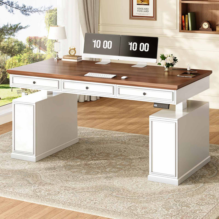 SEDETA 55.1 Inch Farmhouse Electric Standing Desk with 3 Drawers Height Adjustable Executive Office Desk with Storage Cabinet Computer Sit Stand Up Desk with Power Outlets