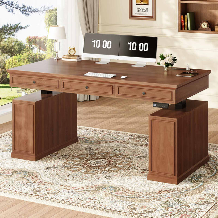 SEDETA 55.1 Inch Farmhouse Electric Standing Desk with 3 Drawers Height Adjustable Executive Office Desk with Storage Cabinet Computer Sit Stand Up Desk with Power Outlets