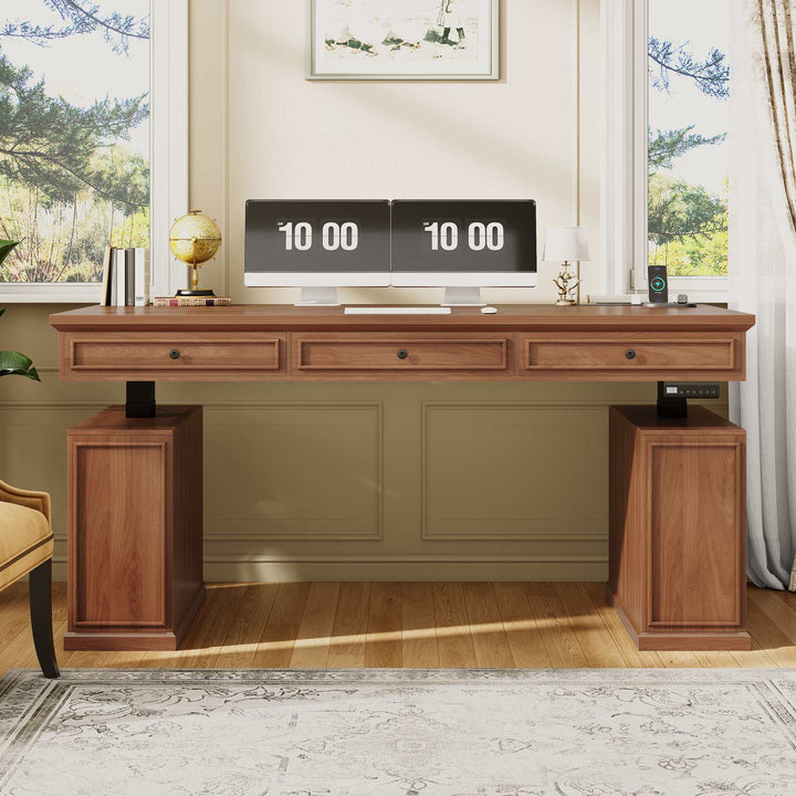 SEDETA 55.1 Inch Farmhouse Electric Standing Desk with 3 Drawers Height Adjustable Executive Office Desk with Storage Cabinet Computer Sit Stand Up Desk with Power Outlets