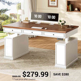 SEDETA | 55.1 Inch Farmhouse Computer Sit Stand Up Desk Electric Standing Desk Height Adjustable Executive Office Desk with 3 Drawers Storage Cabinet Power Outlets