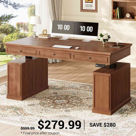 SEDETA | 55.1 Inch Farmhouse Computer Sit Stand Up Desk Electric Standing Desk Height Adjustable Executive Office Desk with 3 Drawers Storage Cabinet Power Outlets